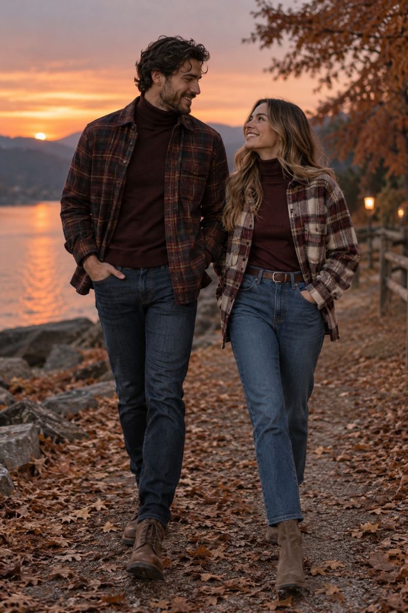 Flannel turtleneck fall couple outfits