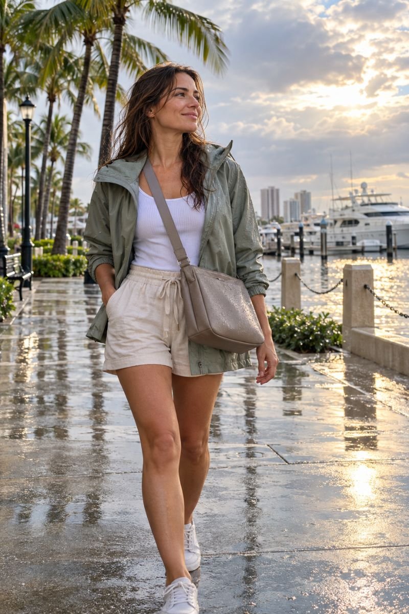 Florida winter outfit idea water-resistant jacket