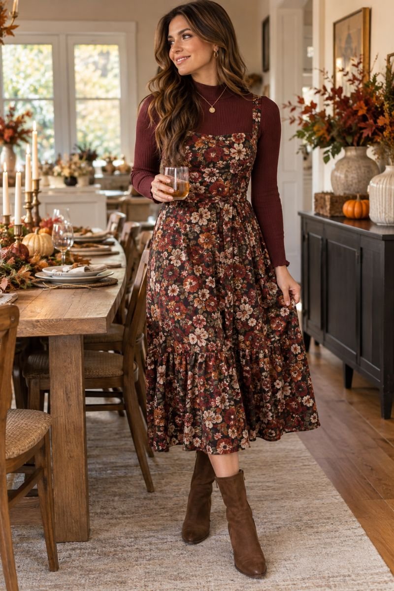 Friendsgiving outfit idea floral dress