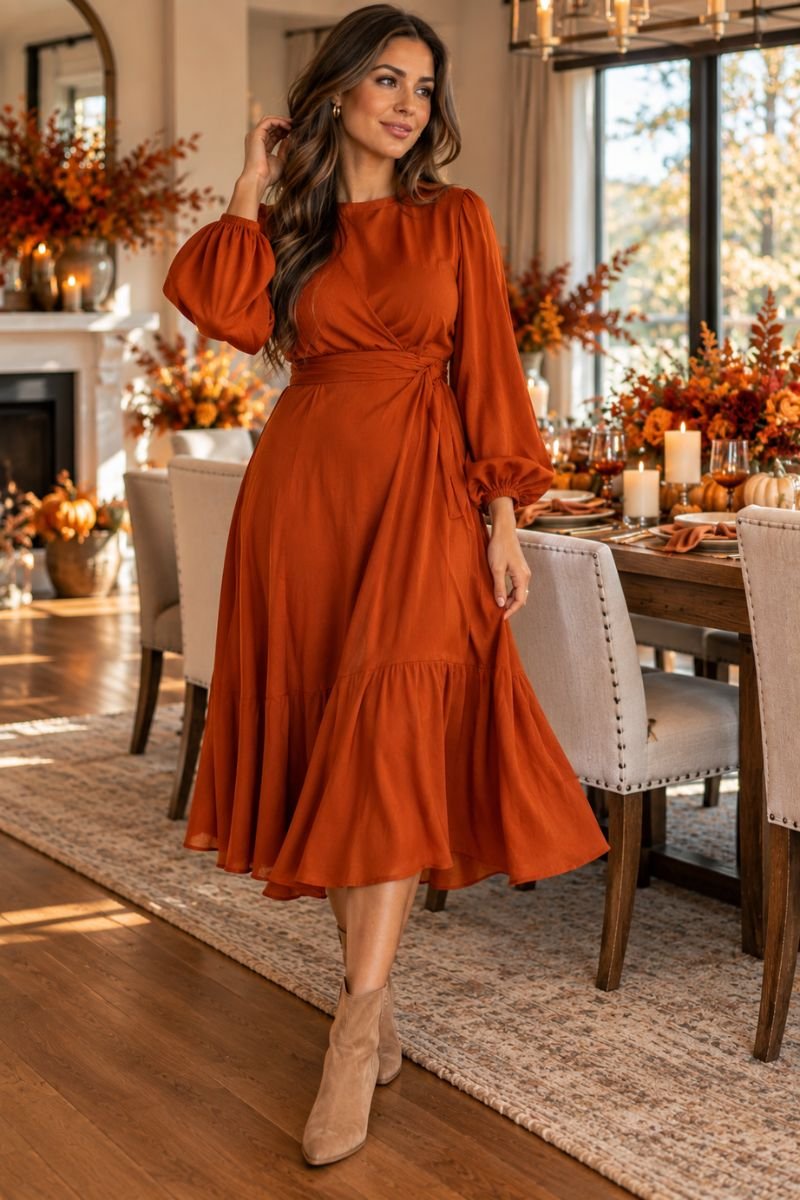 Friendsgiving outfit idea orange statement