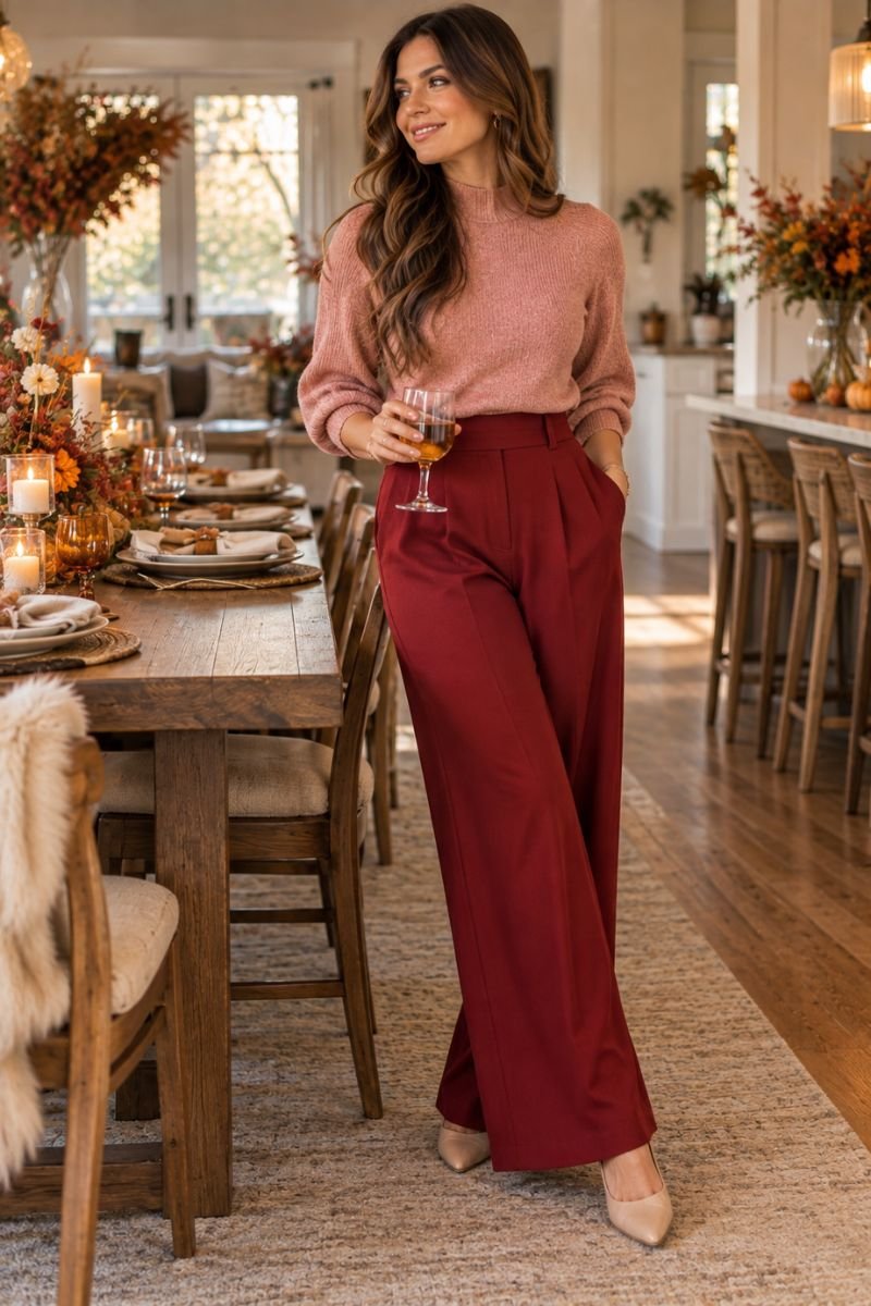Friendsgiving outfit idea pink red combo