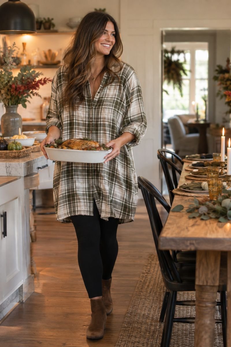 Friendsgiving outfit idea shirt dress