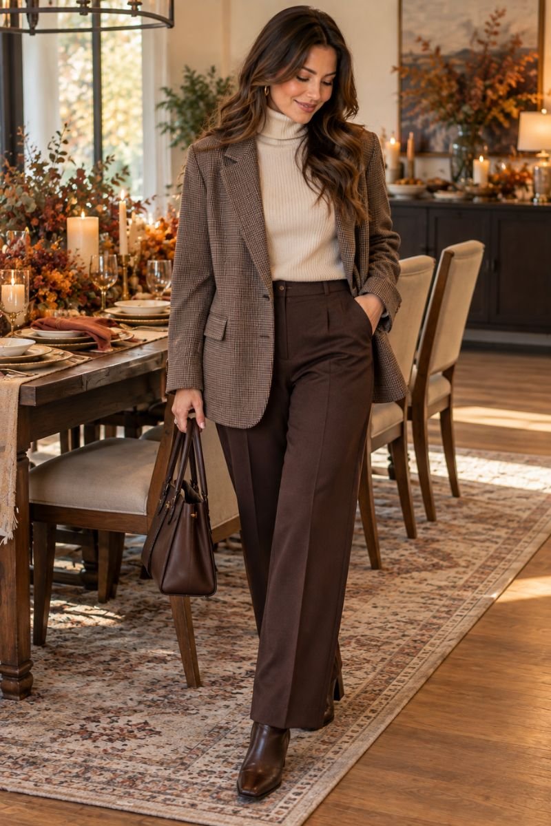 Friendsgiving outfit idea turtleneck blazer
