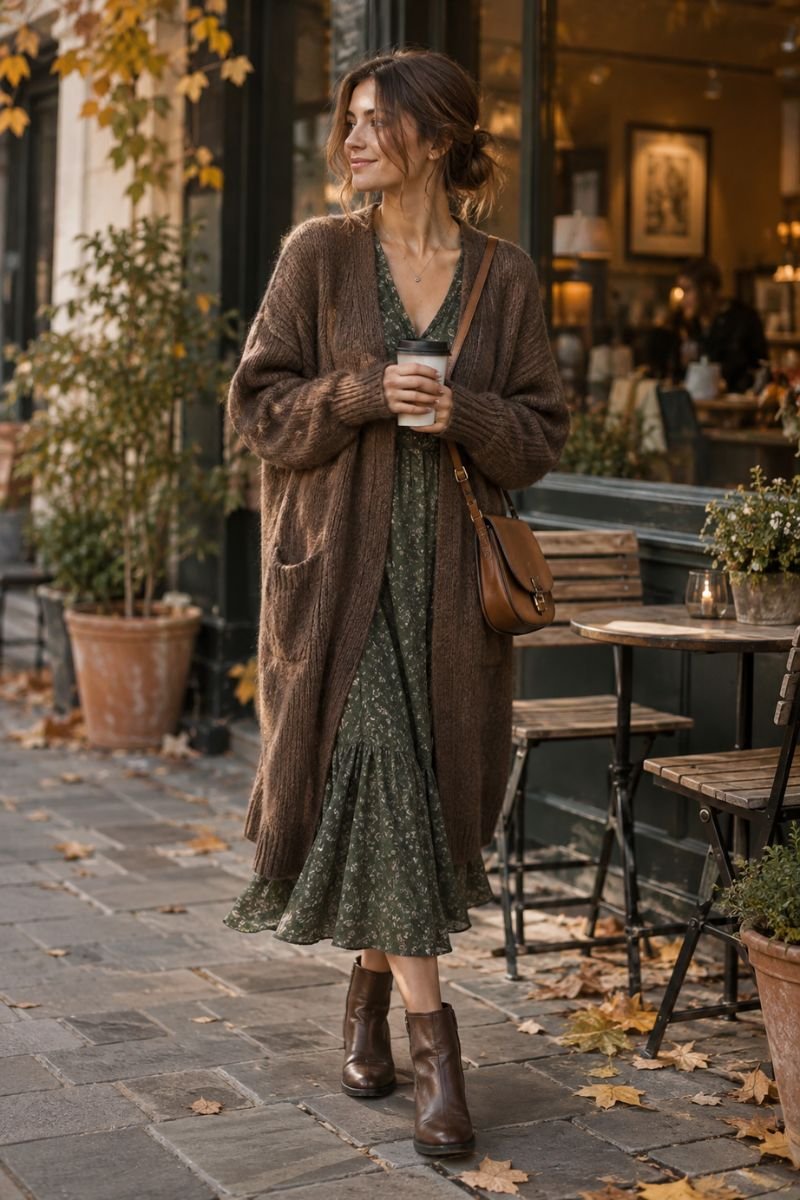 Green and brown outfit idea cardigan dress