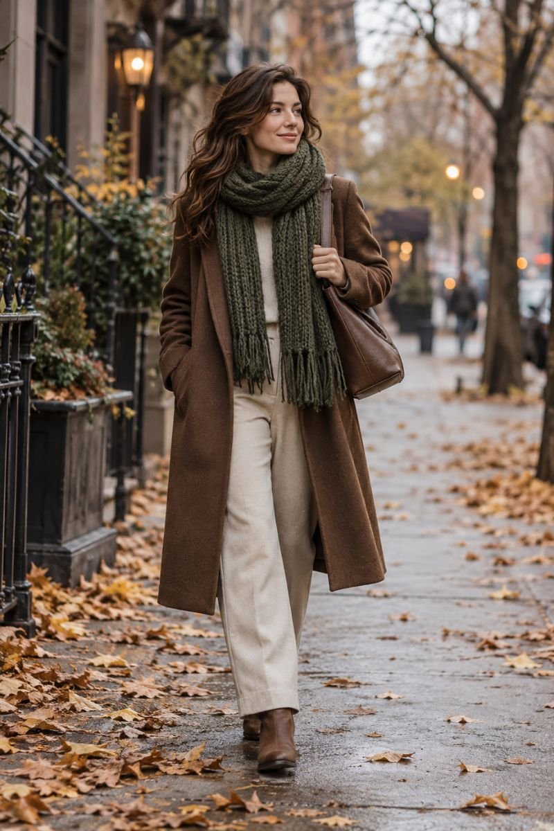 Green and brown outfit idea green scarf