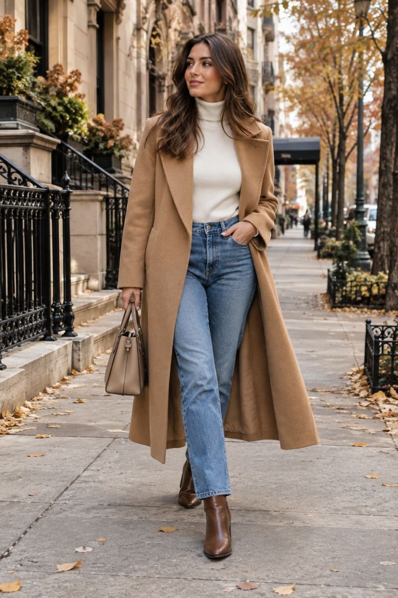 Long coat outfit idea jeans turtleneck