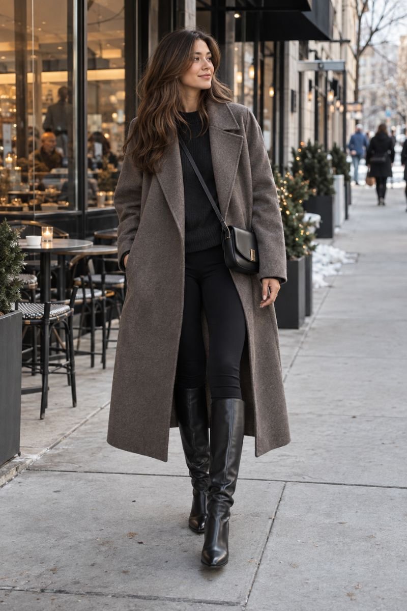 Long coat outfit idea leggings oversized