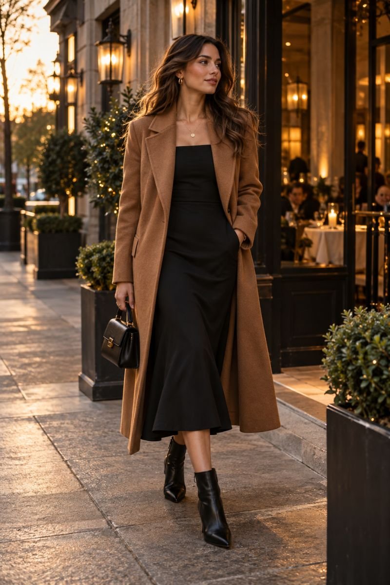 Long coat outfit idea midi dress