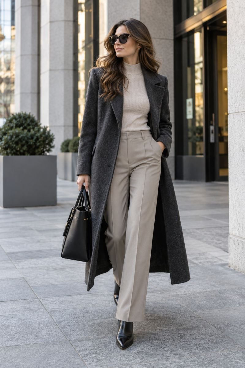 Long coat outfit idea tailored trousers