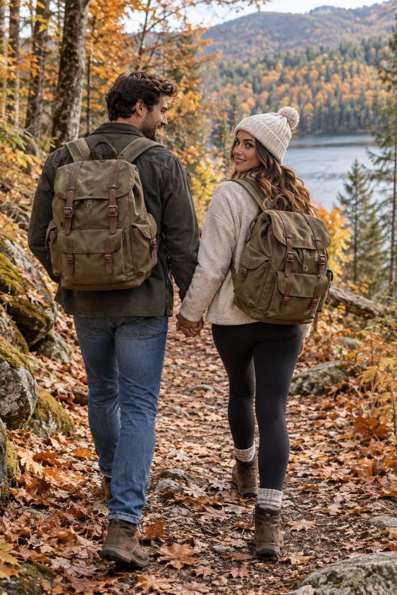Matching backpacks fall couple outfits
