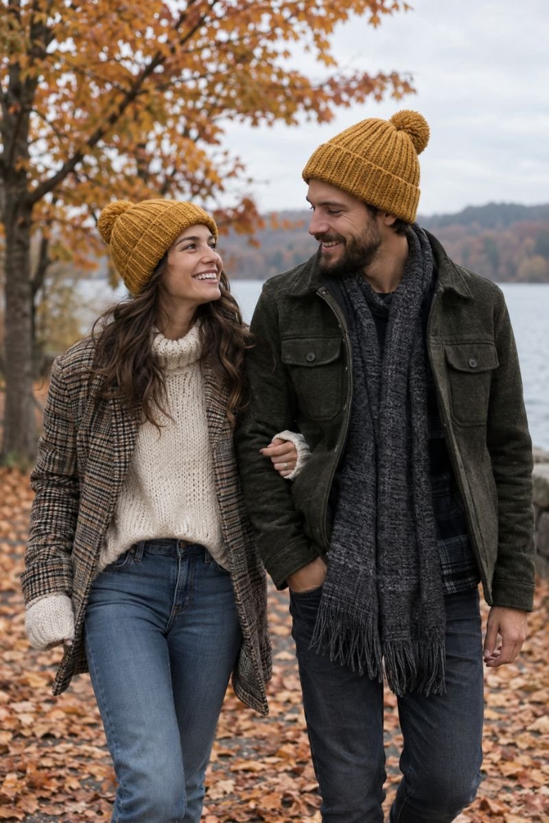 Matching beanies fall couple outfits