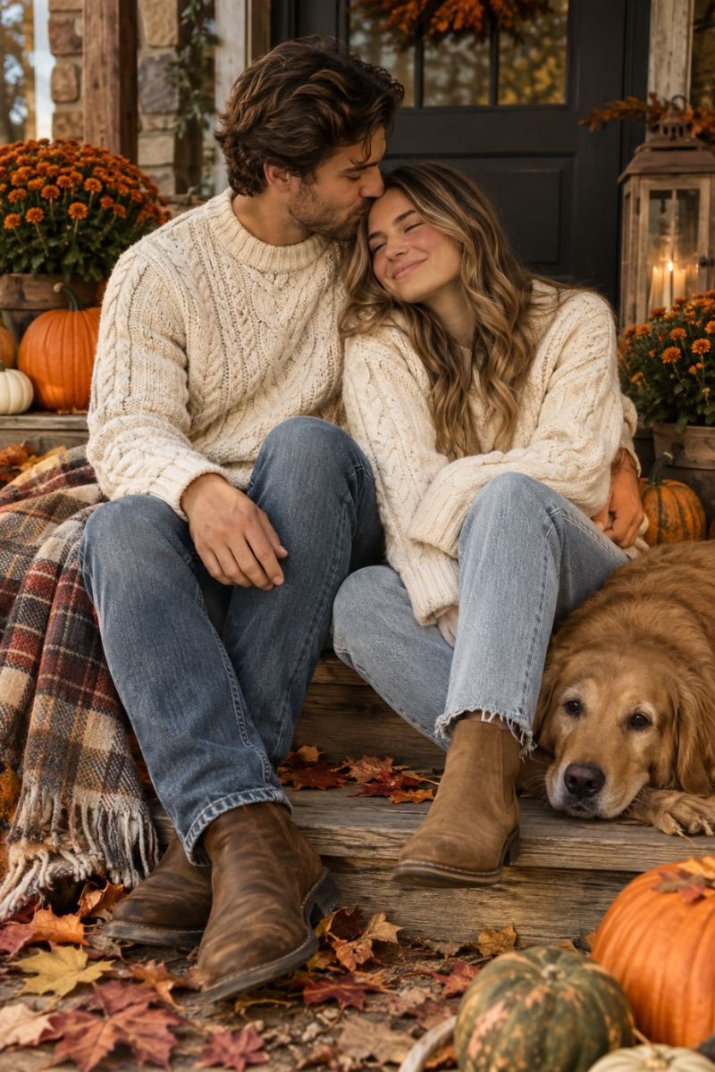 Matching cable knit sweaters fall couple outfits