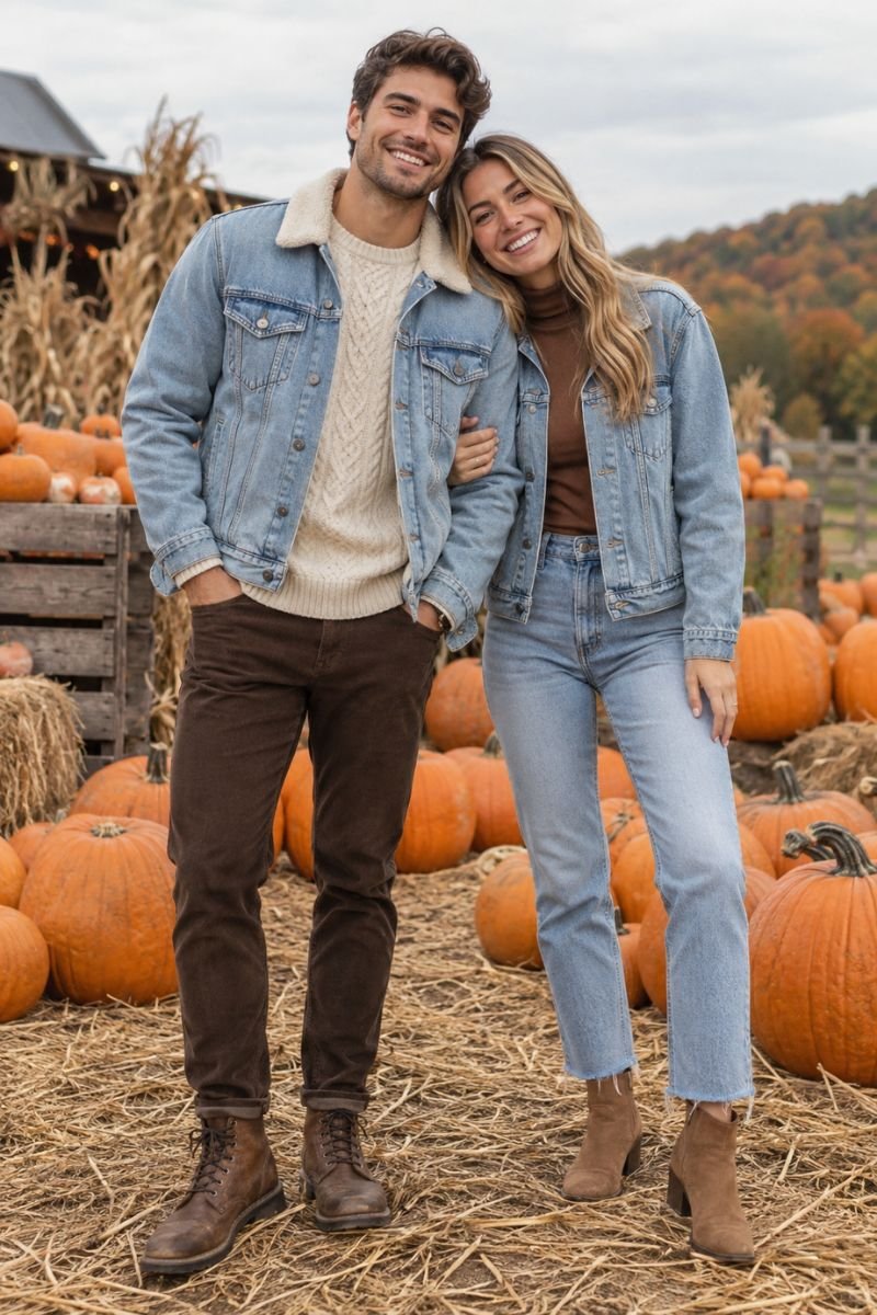 Matching denim jackets fall couple outfits