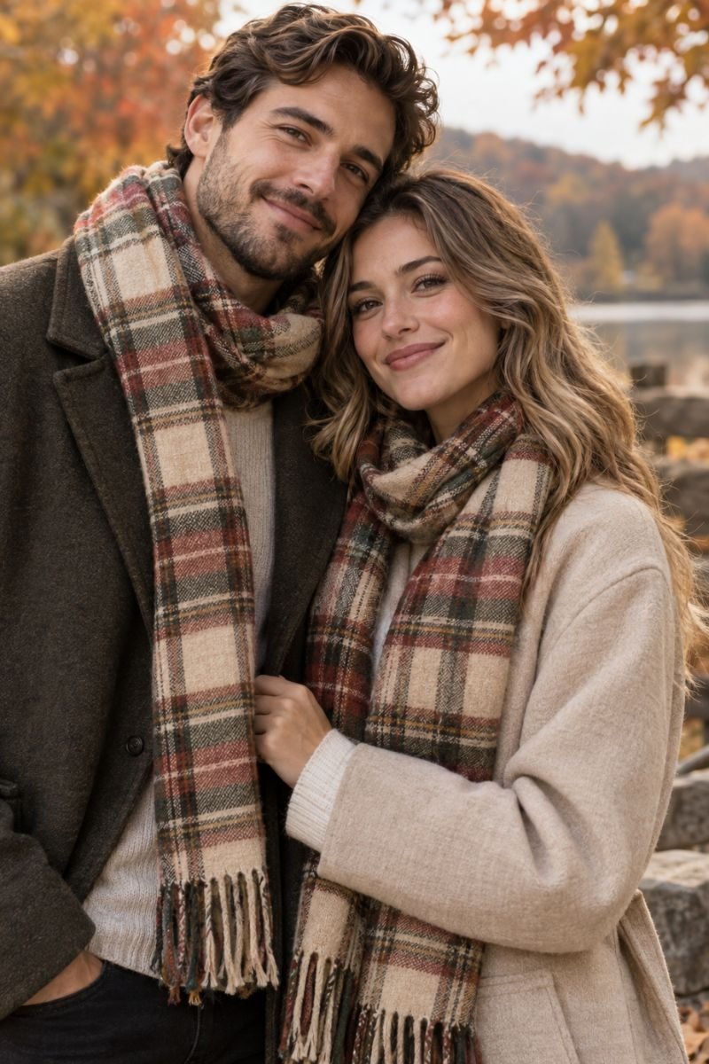 Matching plaid scarves fall couple outfits