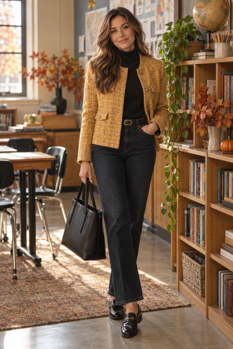 Mustard tweed jacket teacher outfit idea