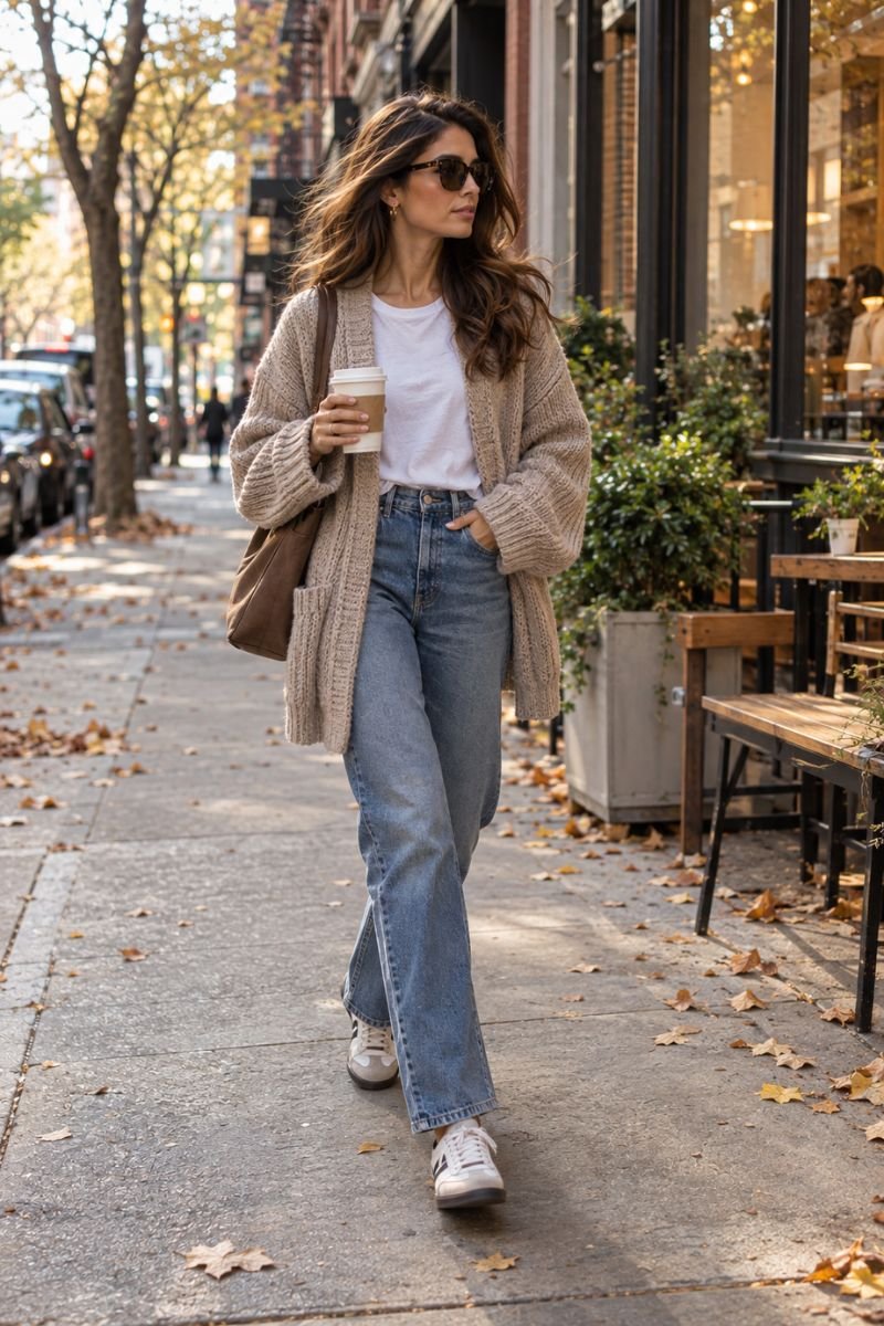 NYC fall outfit idea chunky cardigan