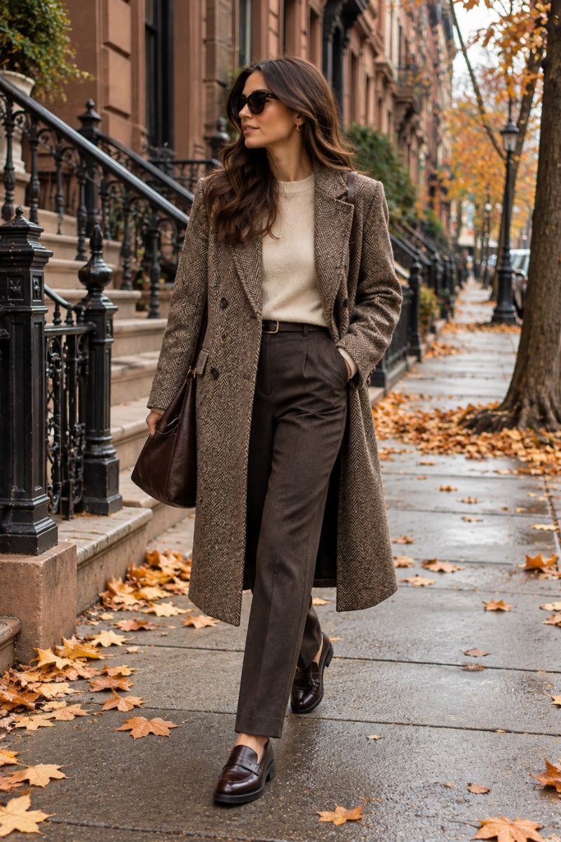 NYC fall outfit idea tweed coat