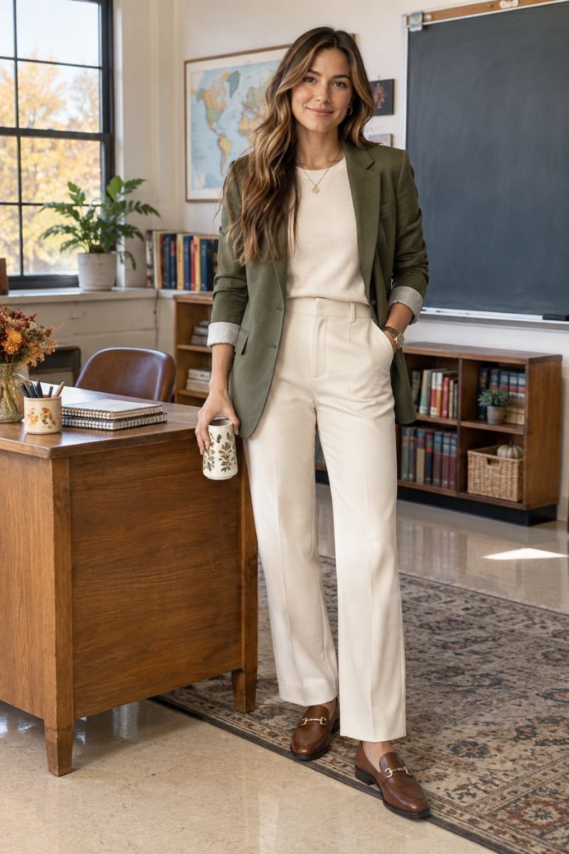 Olive blazer fall teacher outfit for picture day