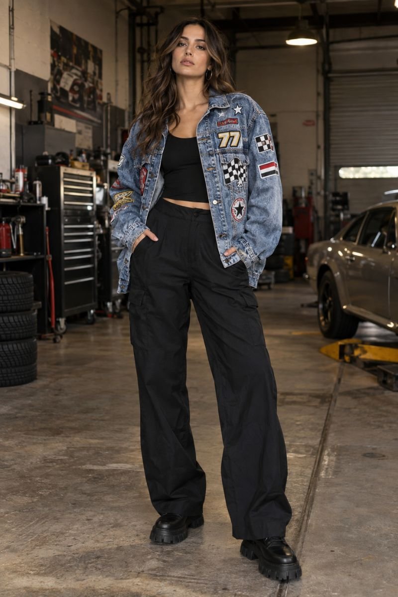 Patch denim jacket race car driver costume