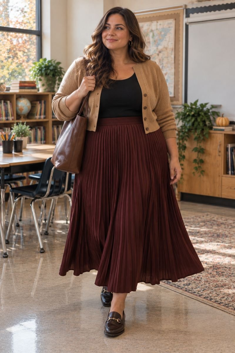 Pleated skirt plus size fall teacher outfit
