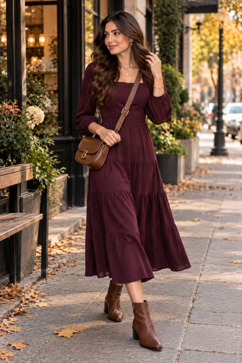 Plum dress ankle boots outfit idea daytime