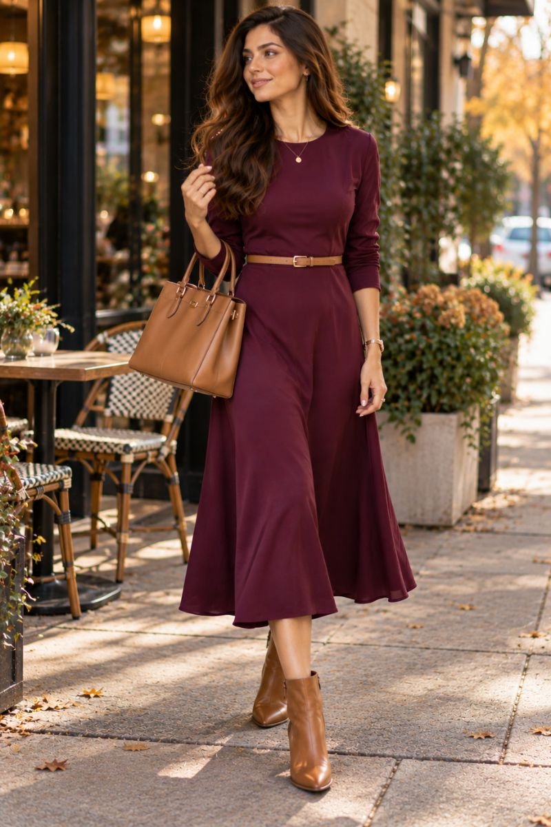 Plum dress camel accessories outfit idea