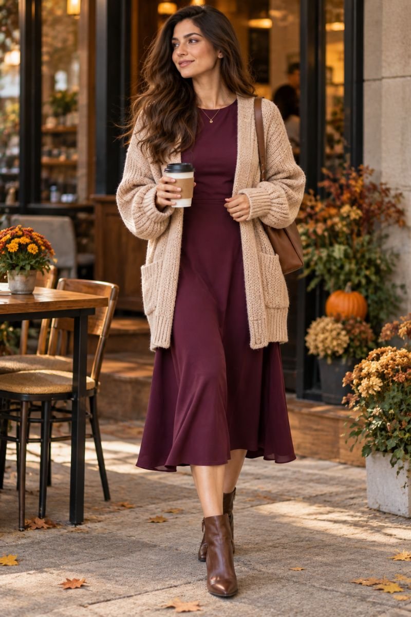Plum dress cardigan outfit idea layering