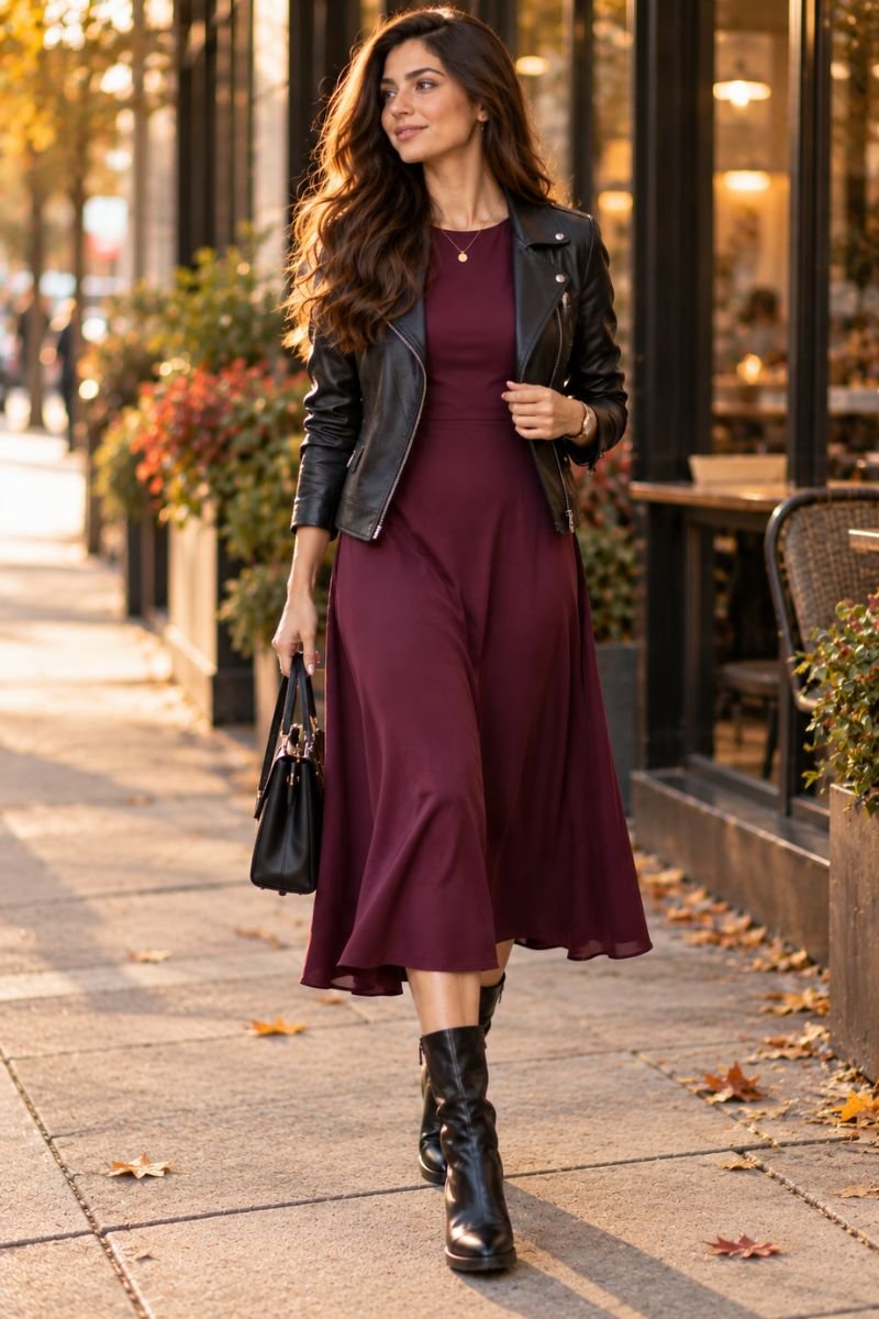 Plum dress leather jacket outfit idea