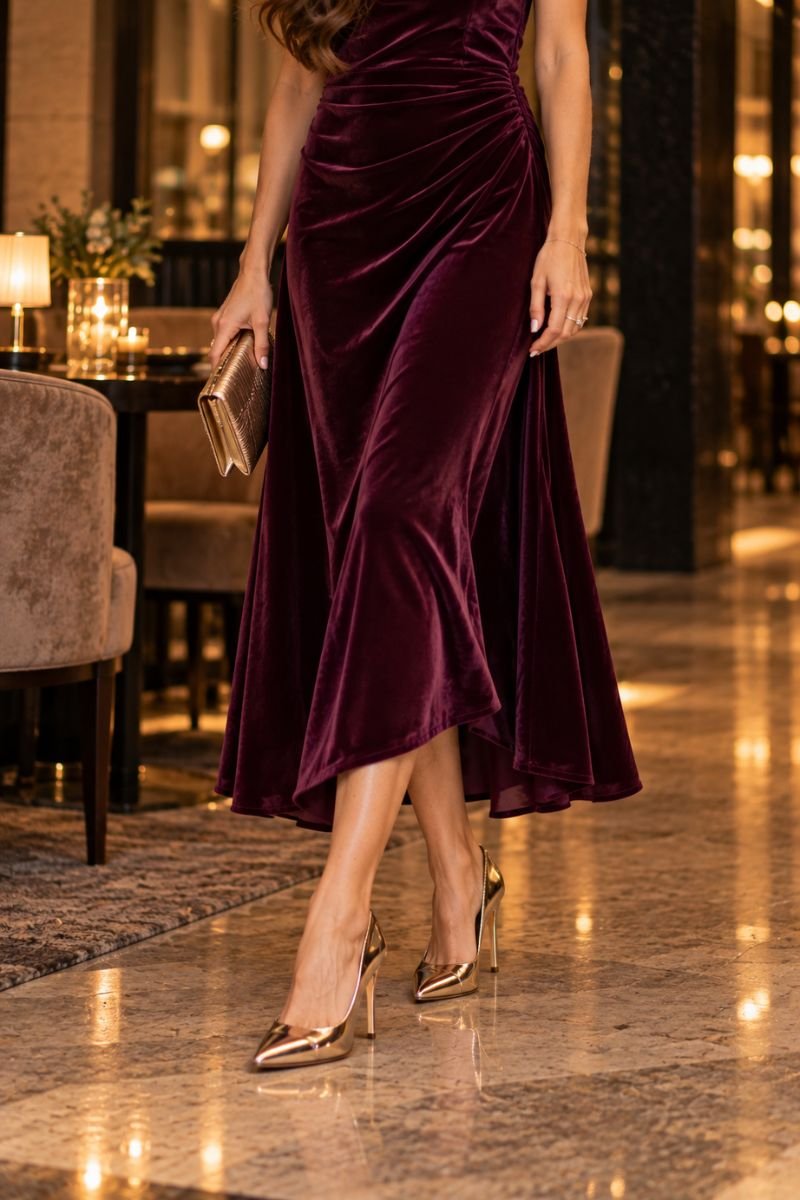 Plum dress metallic heels outfit idea evening