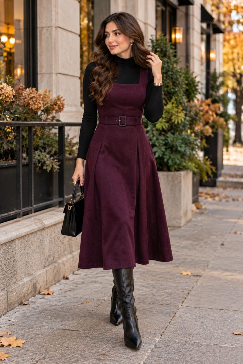 Plum dress turtleneck outfit idea layering
