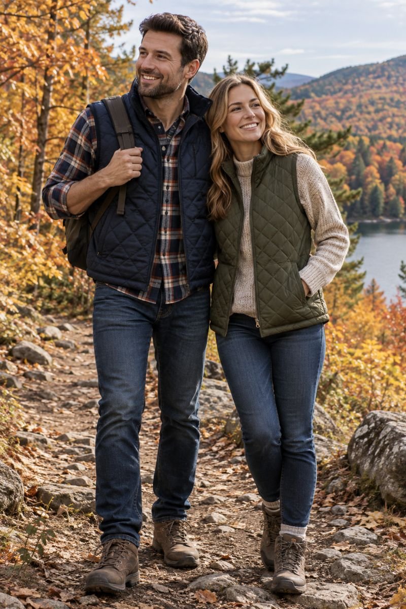 Quilted vests fall couple outfits hike