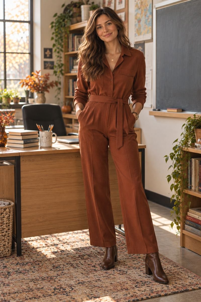 Rust jumpsuit fall teacher outfit idea