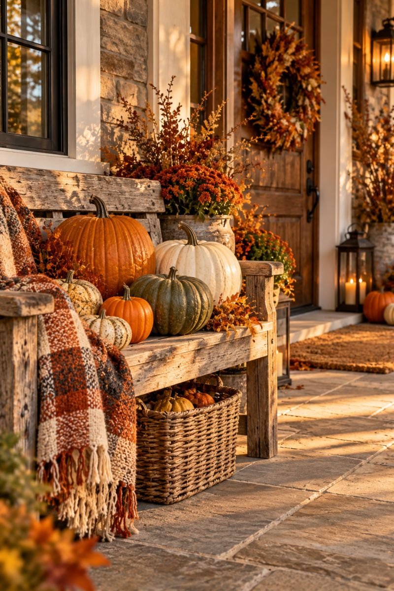 Rustic fall decor idea bench pumpkins