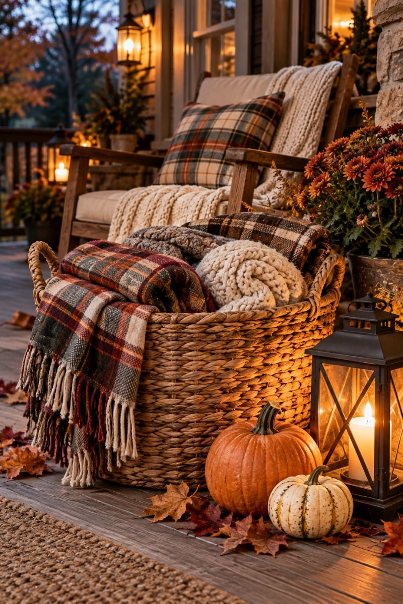 Rustic fall decor idea blanket basket