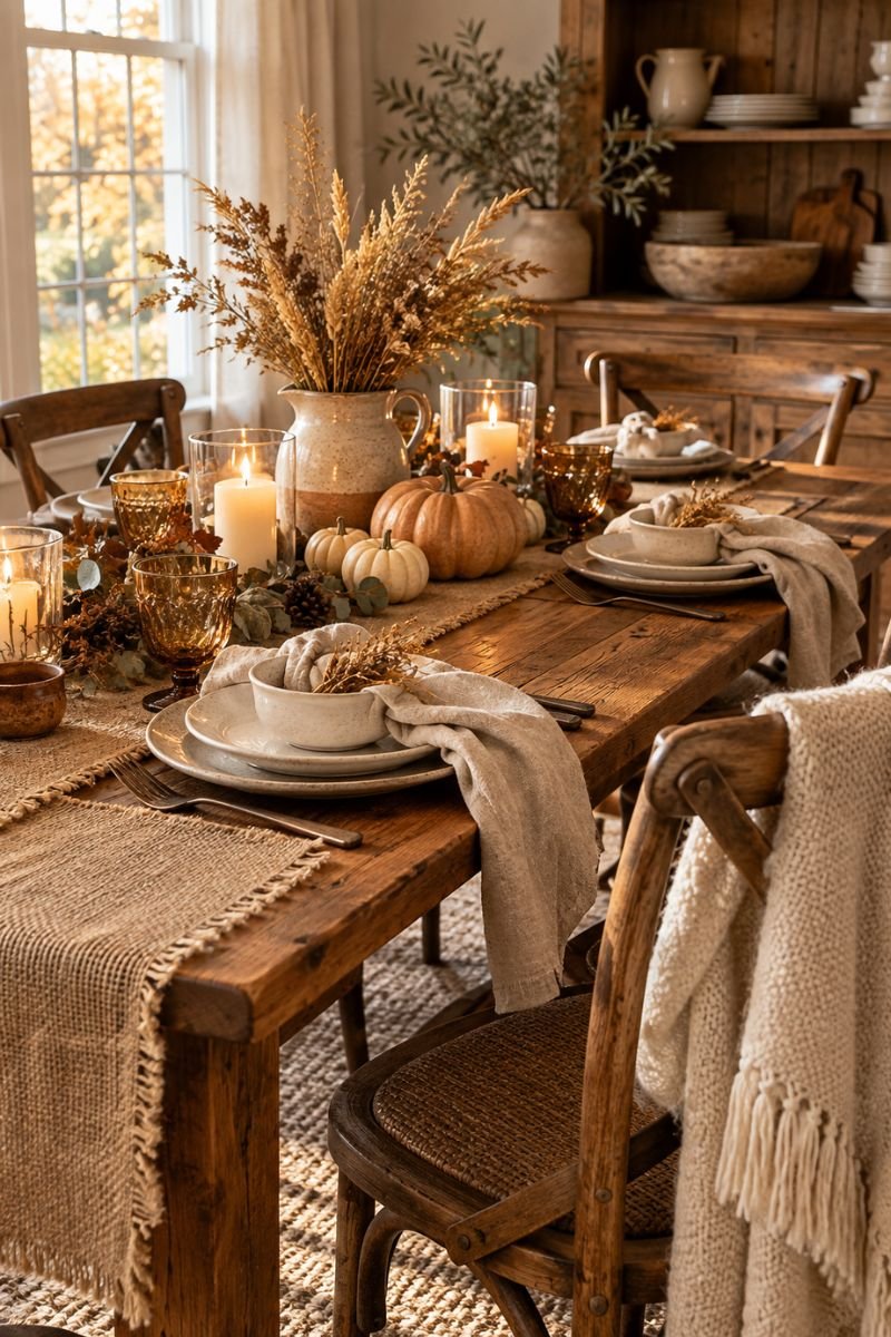 Rustic fall decor idea burlap linen textiles