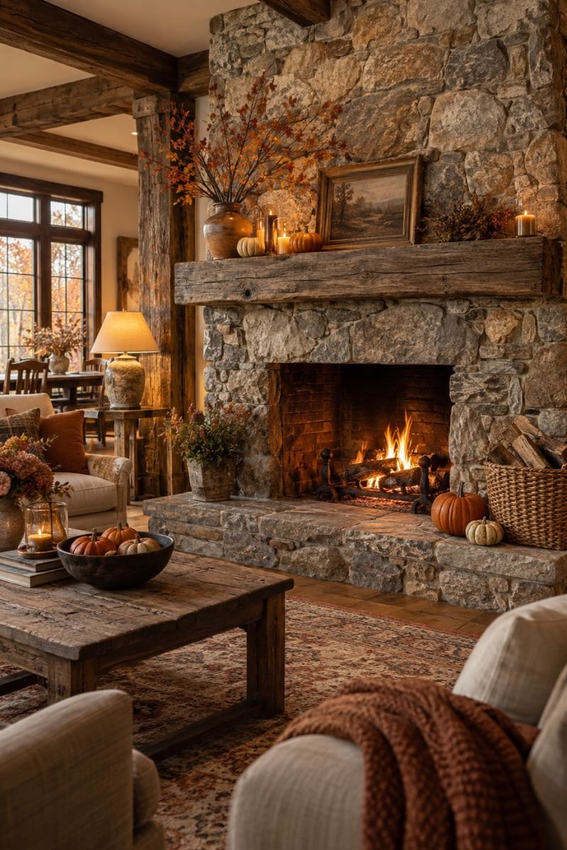 Rustic fall decor idea exposed stone