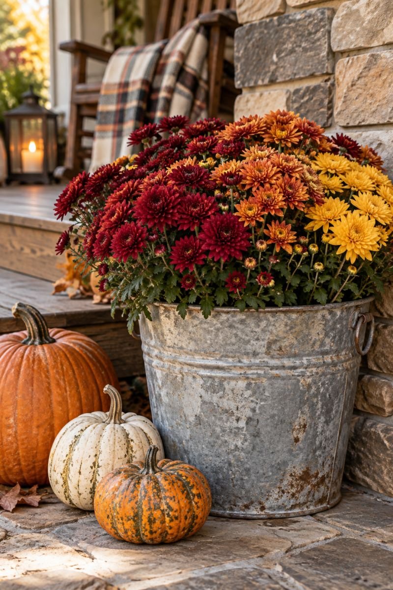 Rustic fall decor idea galvanized container