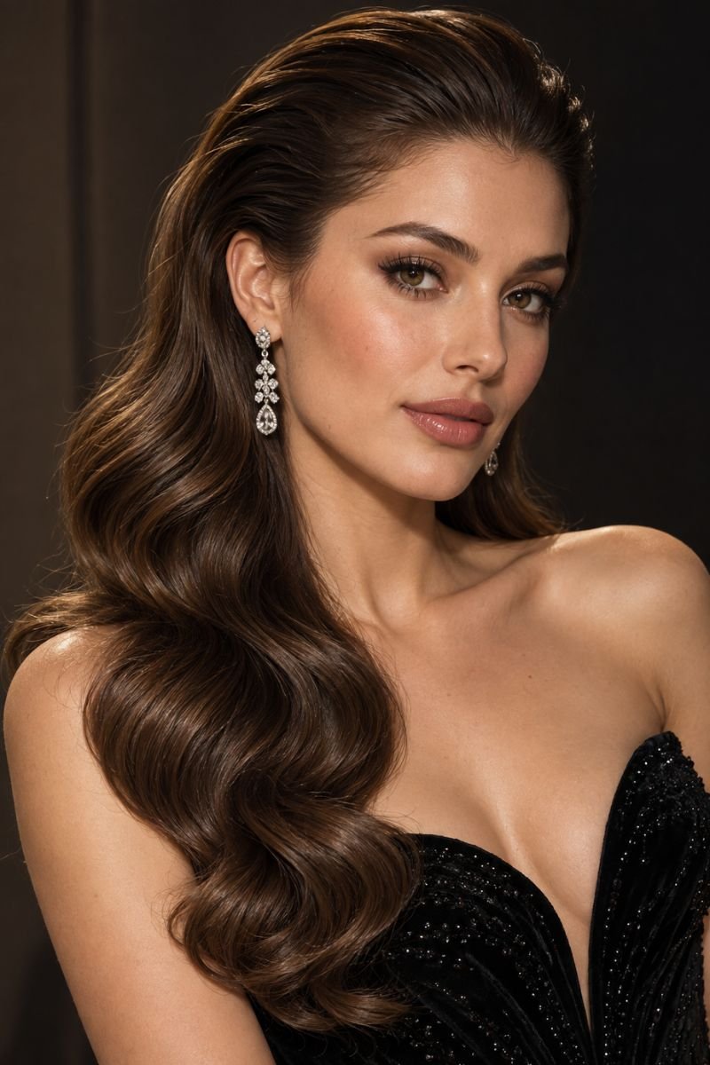 Slicked back waves showgirl costume hair