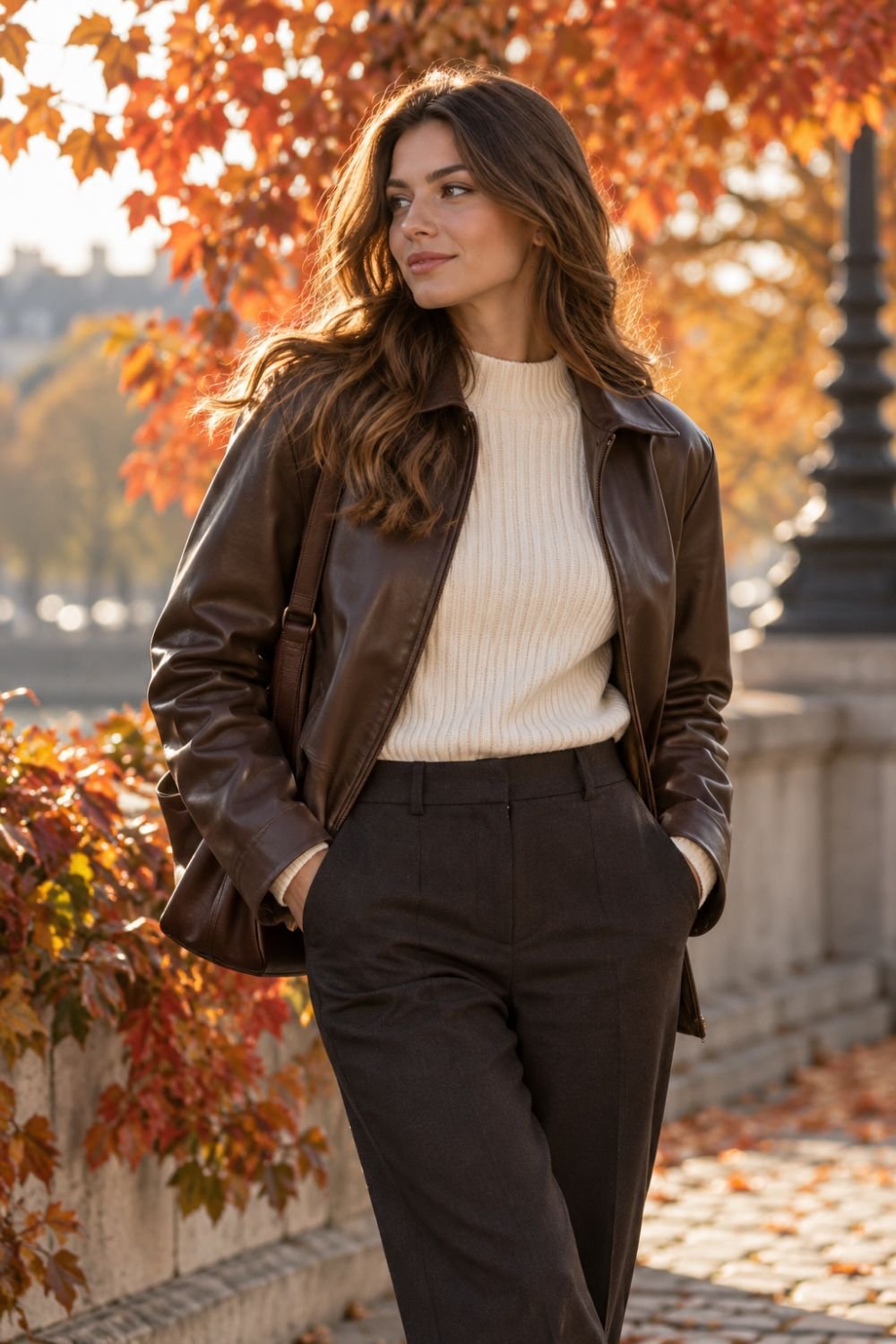 Soft leather jacket autumn outfit idea