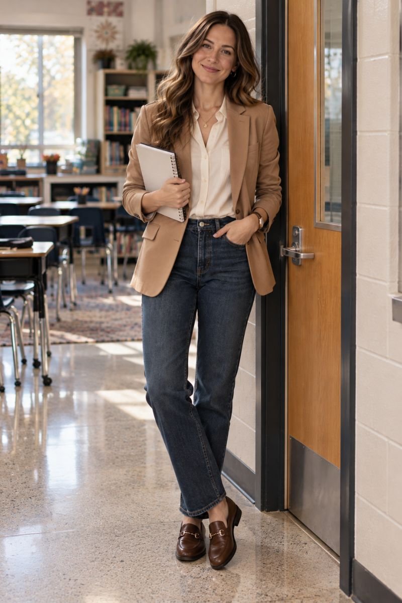 Straight-leg jeans and blazer fall teacher outfit