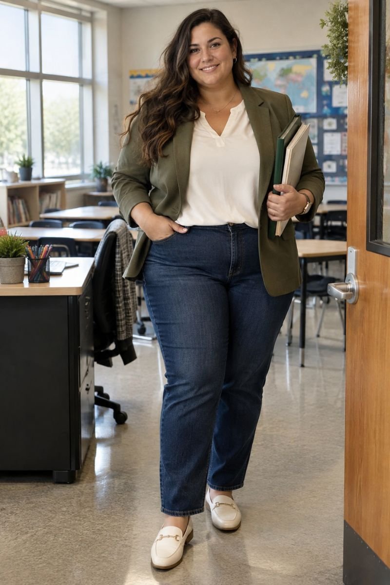 Straight leg stretch denim plus size teacher outfit