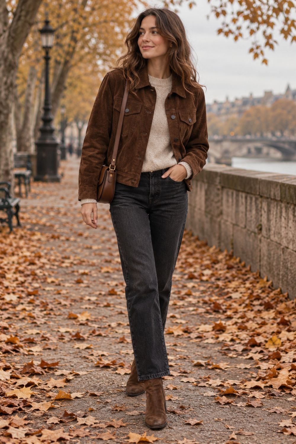 Suede trucker jacket autumn outfit idea