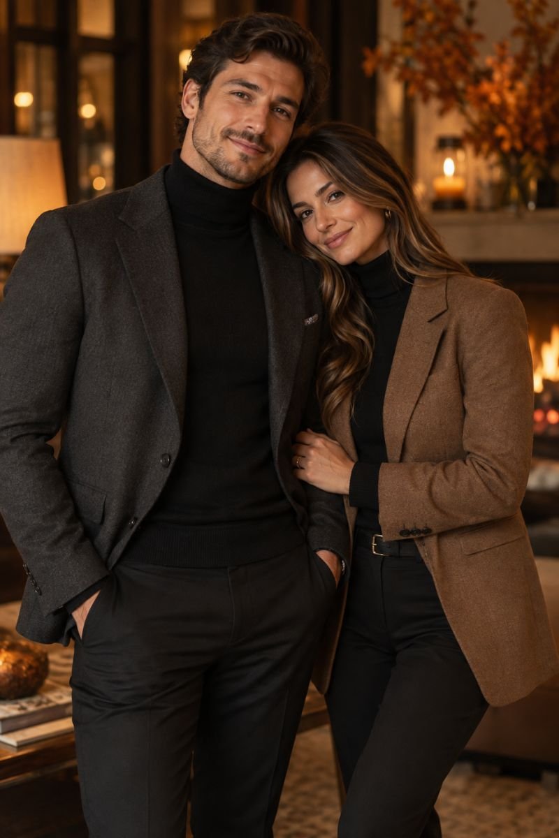 Turtlenecks blazers fall couple outfits