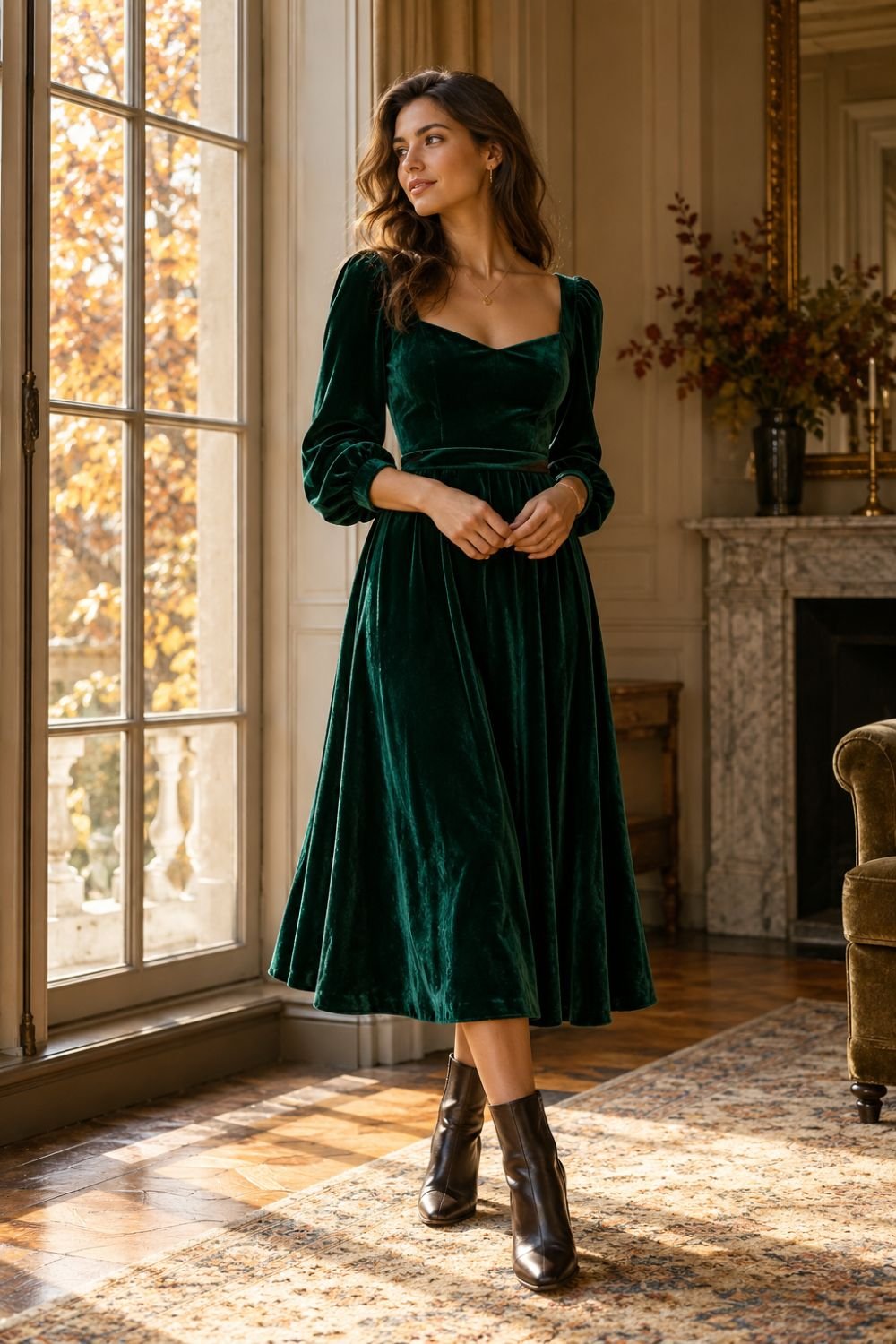 Velvet midi dress autumn outfit idea