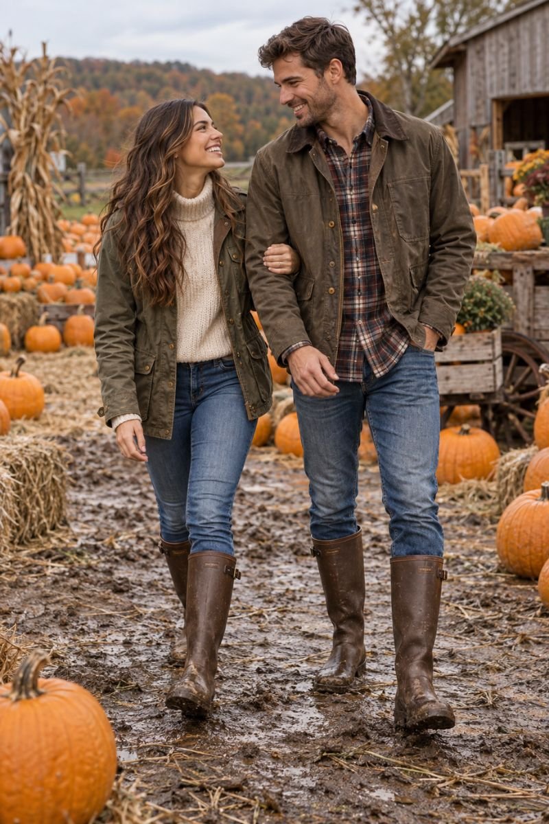 Waterproof boots fall couple outfits pumpkin patch