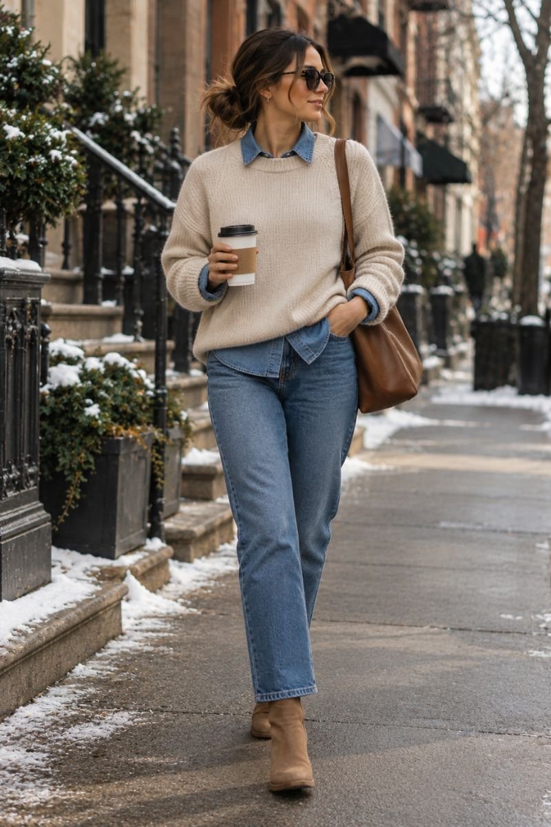 Winter casual outfit idea denim shirt layering