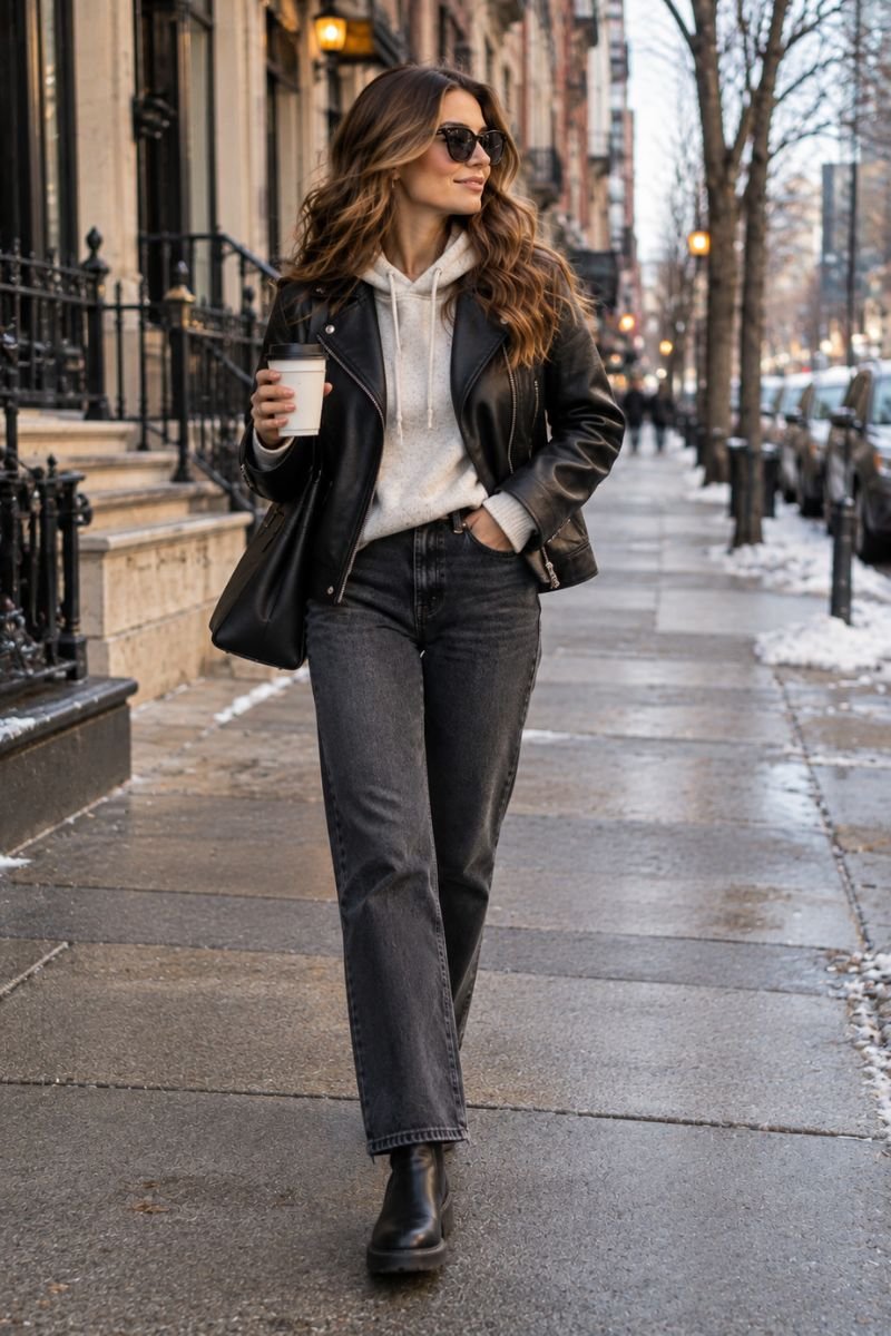 Winter casual outfit idea leather jacket hoodie