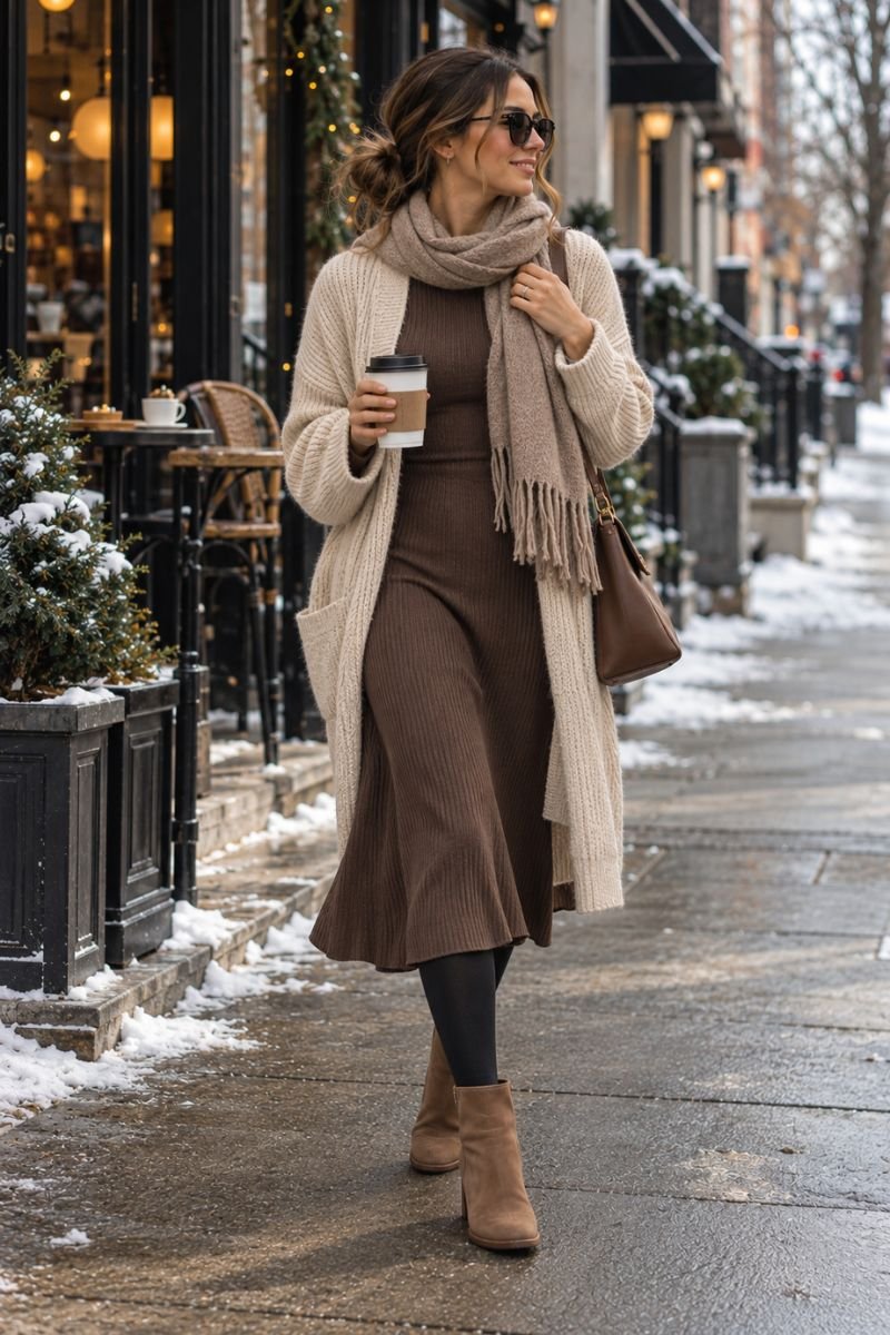 Winter casual outfit idea midi dress cardigan