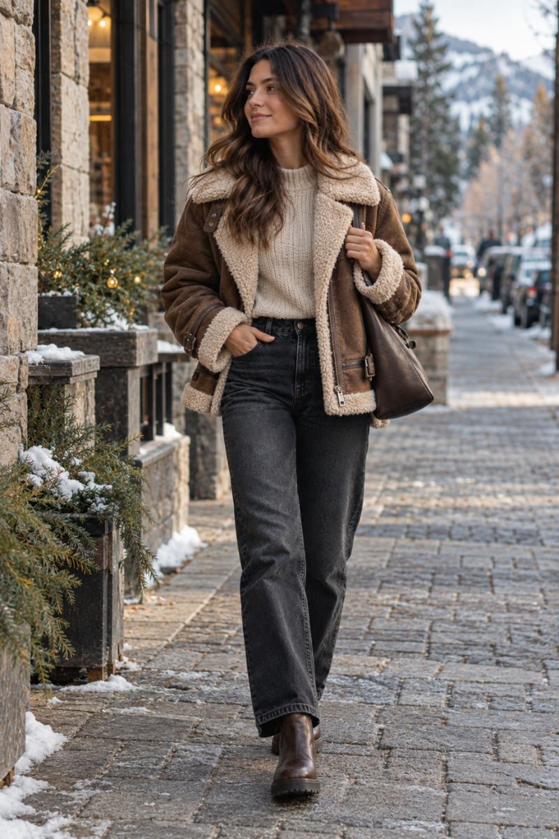 Winter casual outfit idea shearling jacket