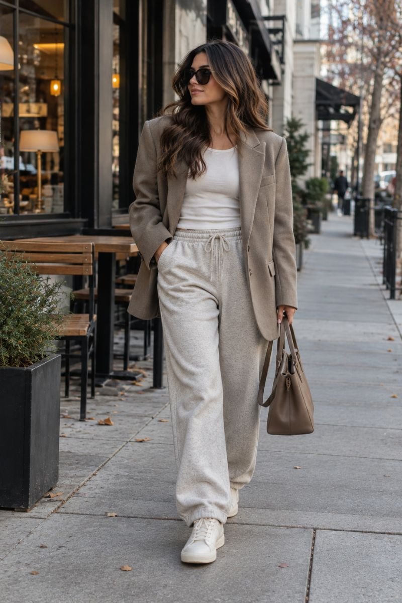Winter casual outfit idea sweatpants blazer